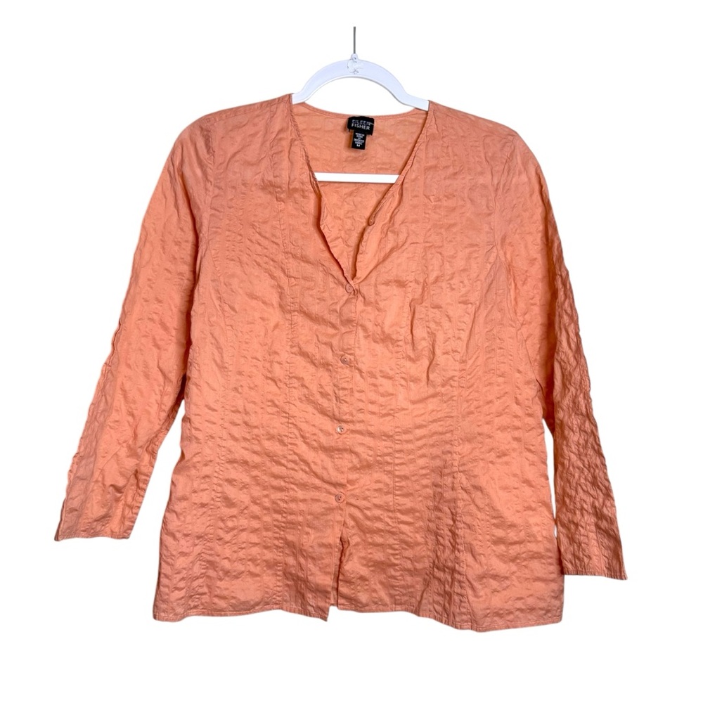 Eileen Fisher ButtonUp Blouse‎ Women M Peach Collared Long Sleeve Lagenlook
